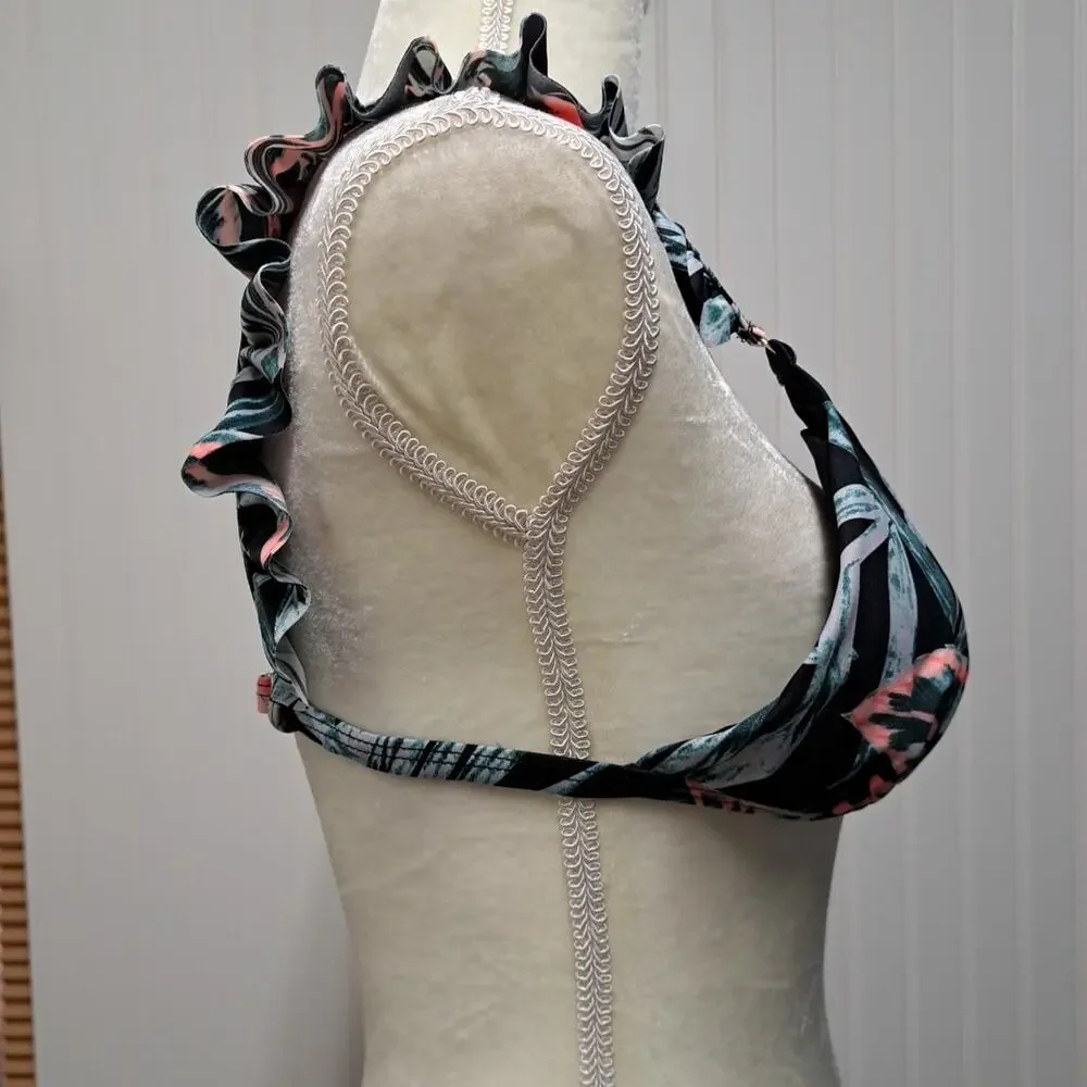 NWT Mermaid Bikini Swim Top Womens L Black Tropical Removable Pads Ruffle Straps